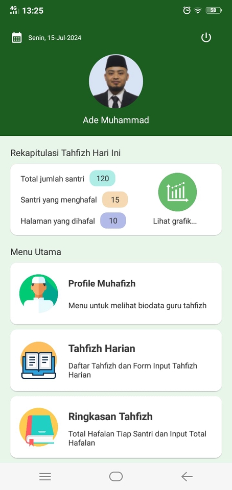 Jasa pembuatan aplikasi android untuk tahfiz, sistem rekap hafalan santri dengan fitur grafik.