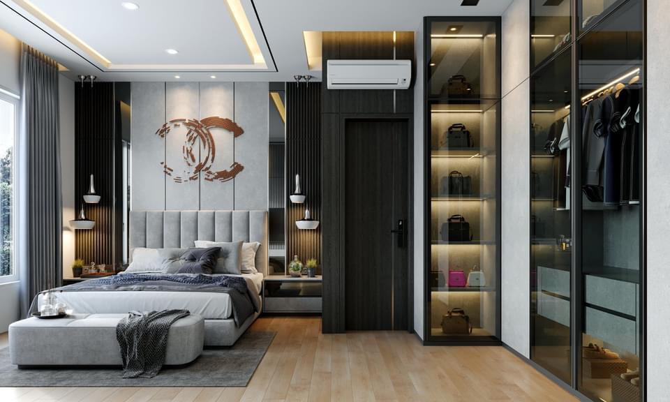 Desain interior minimalis modern dengan lemari pakaian kaca dan tempat tidur kayu.
