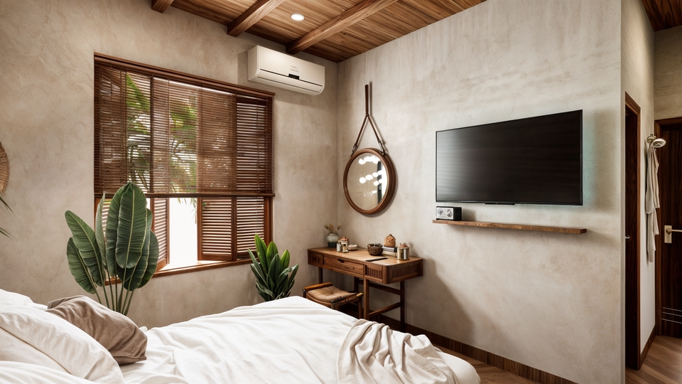 Jasa desain interior minimalis untuk ruang tamu dengan sofa, jendela, dan TV.