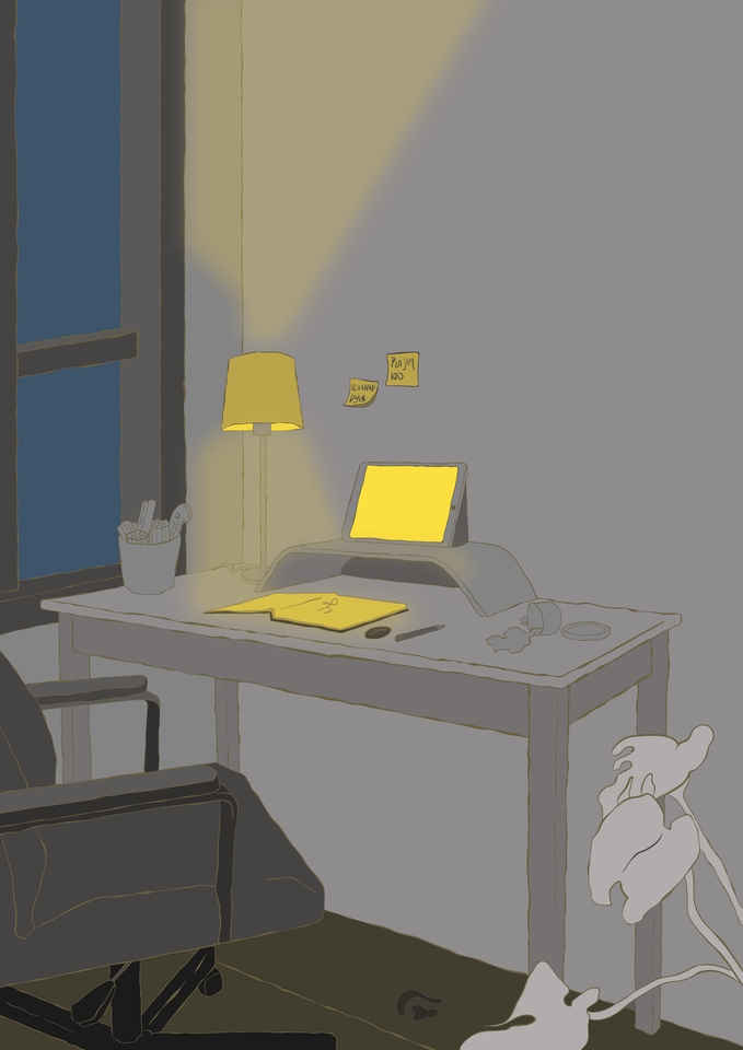 Ilustrasi meja kerja dengan laptop, lampu meja, dan tanaman di ruangan gelap