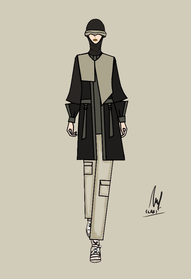 Ilustrasi wanita berhijab mengenakan jaket hitam dan celana khaki, jasa desain ilustrasi wanita