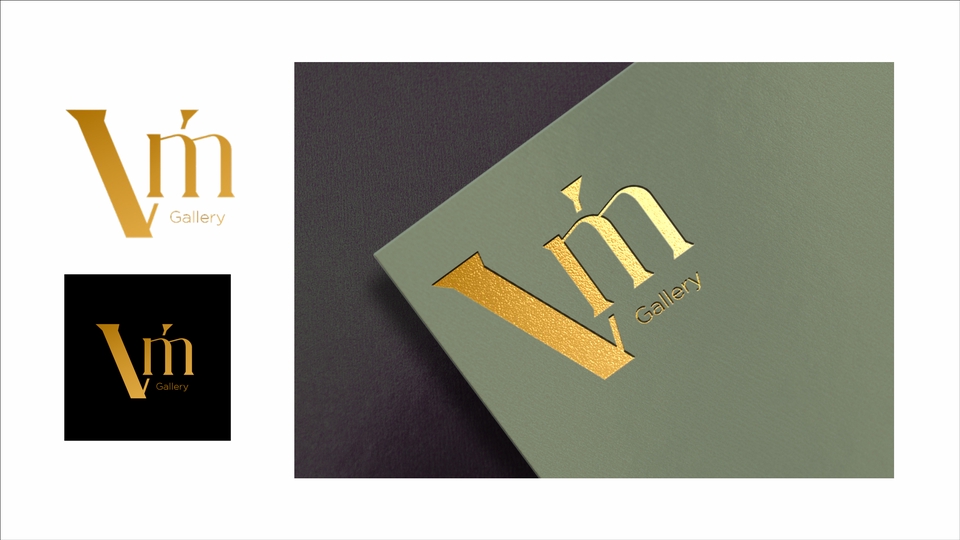 Desain logo "Vm Gallery" dengan warna emas dan background hijau tua.  Jasa desain logo online, membuat logo, jasa pembuatan logo.