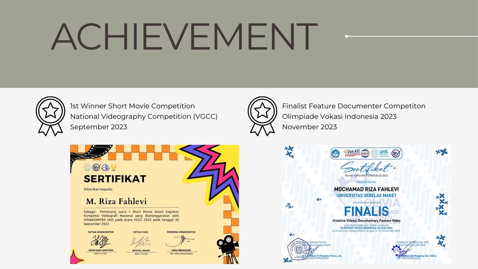 Sertifikat penghargaan untuk juara 1 dan finalis lomba video pendek dan dokumentasi, Olimpiade Vokasi Indonesia 2023, jasa digital marketing.