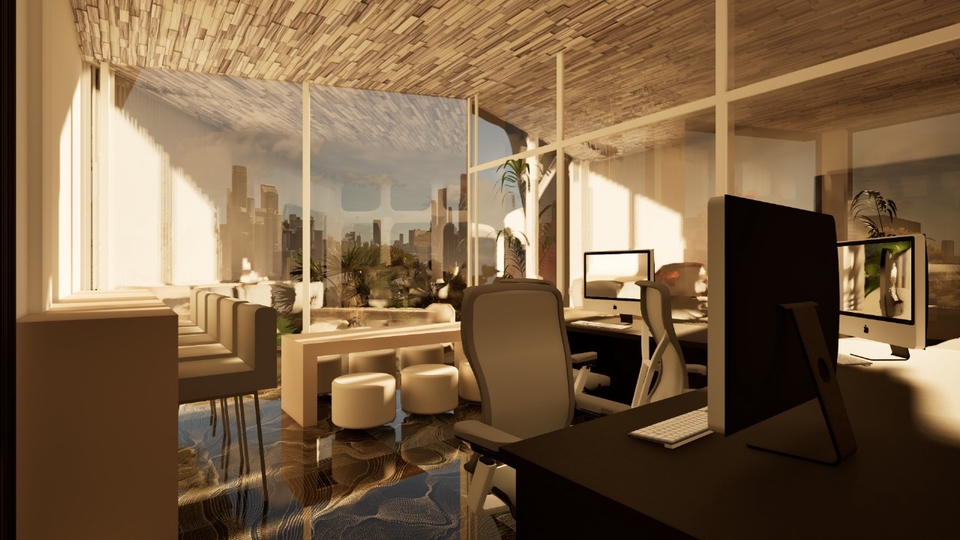 Desain interior kantor modern dengan jendela besar dan meja kerja minimalis.