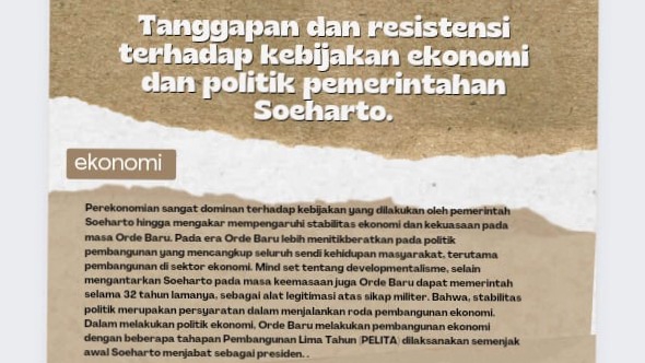 Infografis mengenai tanggapan dan resistensi terhadap kebijakan ekonomi dan politik pemerintahan Soeharto.