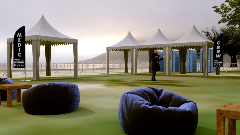 Jasa desain 3d untuk desain cafe minimalis dengan tenda dan kursi bean bag di halaman