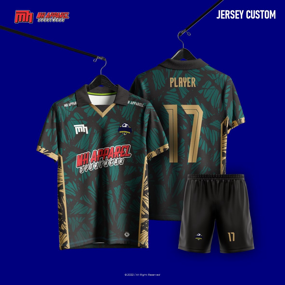 Desain jersey futsal custom dengan motif daun dan tulisan "MH Apparel Sportwear"
