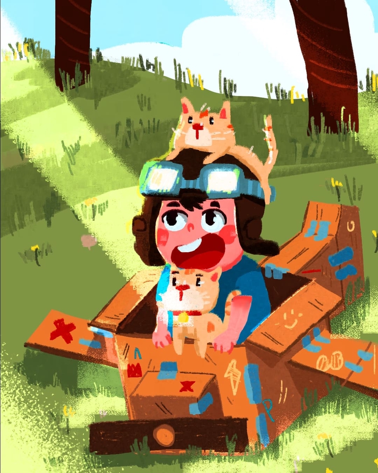 Ilustrasi kartun anak laki-laki dengan topi pilot dan hewan peliharaan kucing, gambar ilustrasi  kartun untuk desain freelance