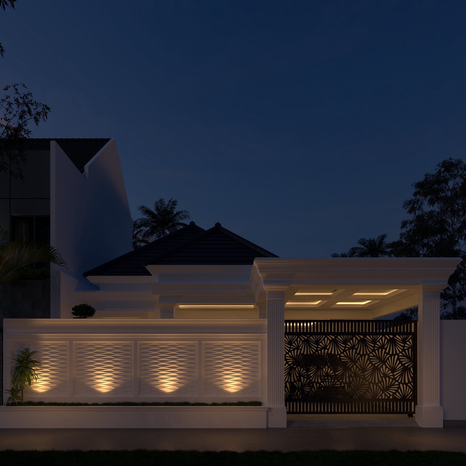 Jasa desain eksterior rumah minimalis modern dengan desain pagar minimalis 3D, cocok untuk rumah tinggal di Indonesia.