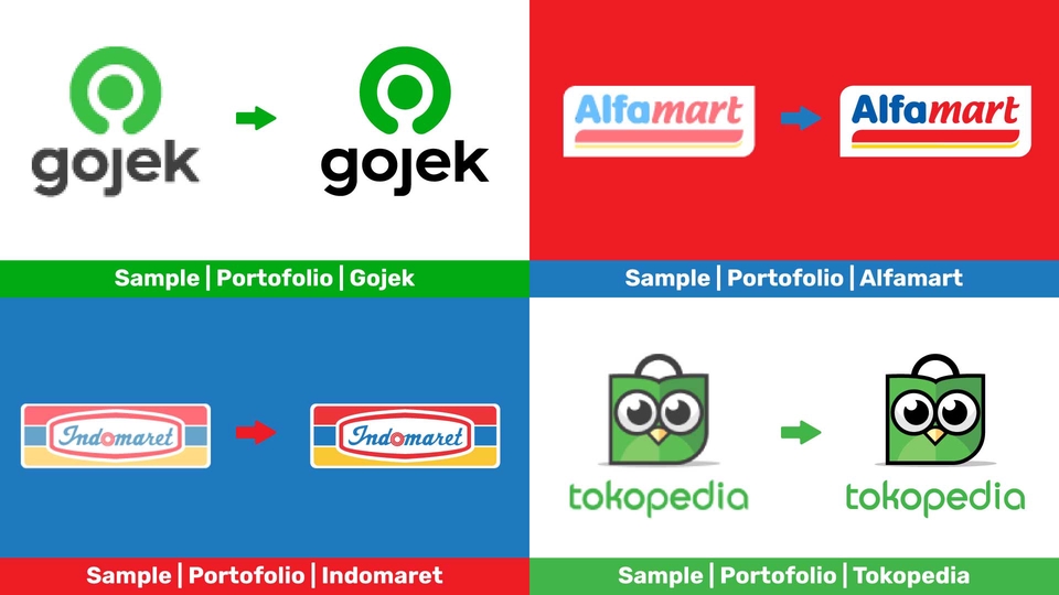 Jasa ilustrasi logo untuk Gojek, Alfamart, Indomaret, dan Tokopedia.