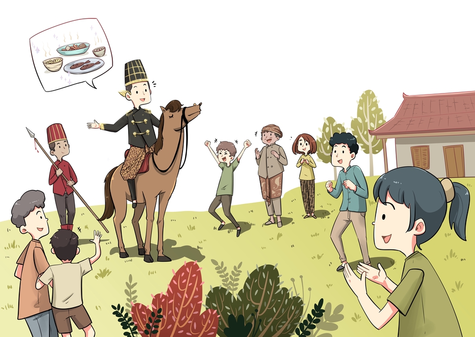 Ilustrasi kartun anak anak sedang bermain dengan kuda dan makanan di atas meja. Jasa ilustrator untuk ilustrasi gambar kartun anak anak.