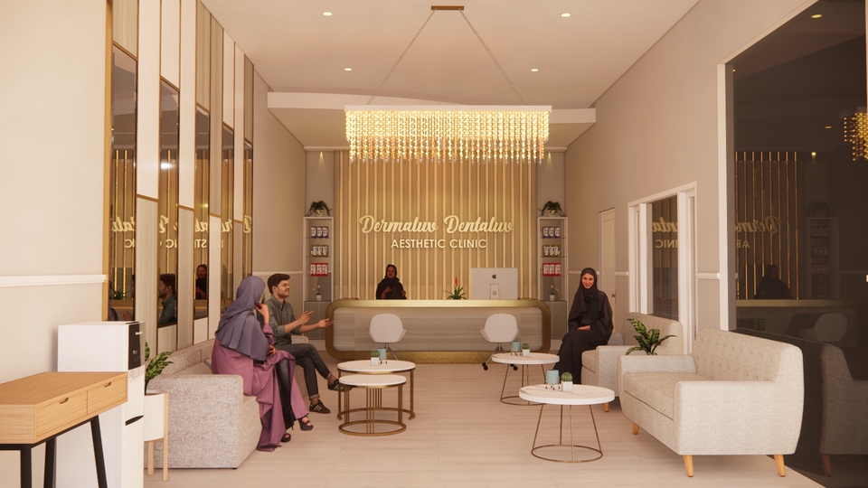 Jasa desain interior klinik kecantikan minimalis modern dengan desain stand reception dan ruang tunggu.