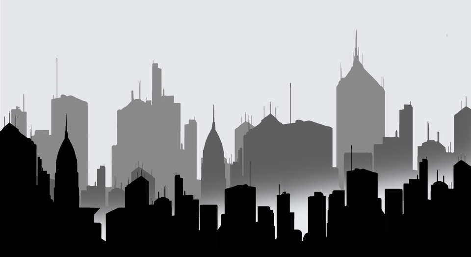 Ilustrasi kota siluet hitam putih, desain ilustrasi gedung, jasa gambar ilustrasi, jasa pembuatan ilustrasi gedung