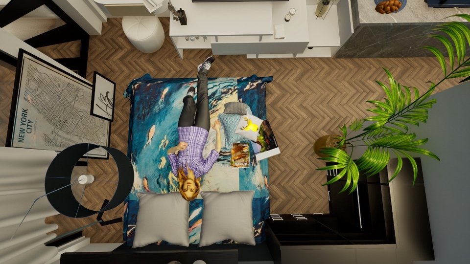 Jasa desain interior apartemen minimalis dengan warna biru dan putih, 3d model