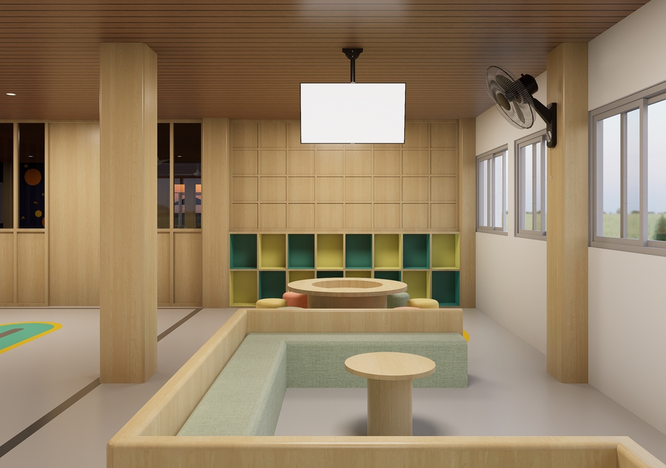 Desain interior ruang bermain anak dengan perlengkapan furniture dan rak buku yang unik dan modern.