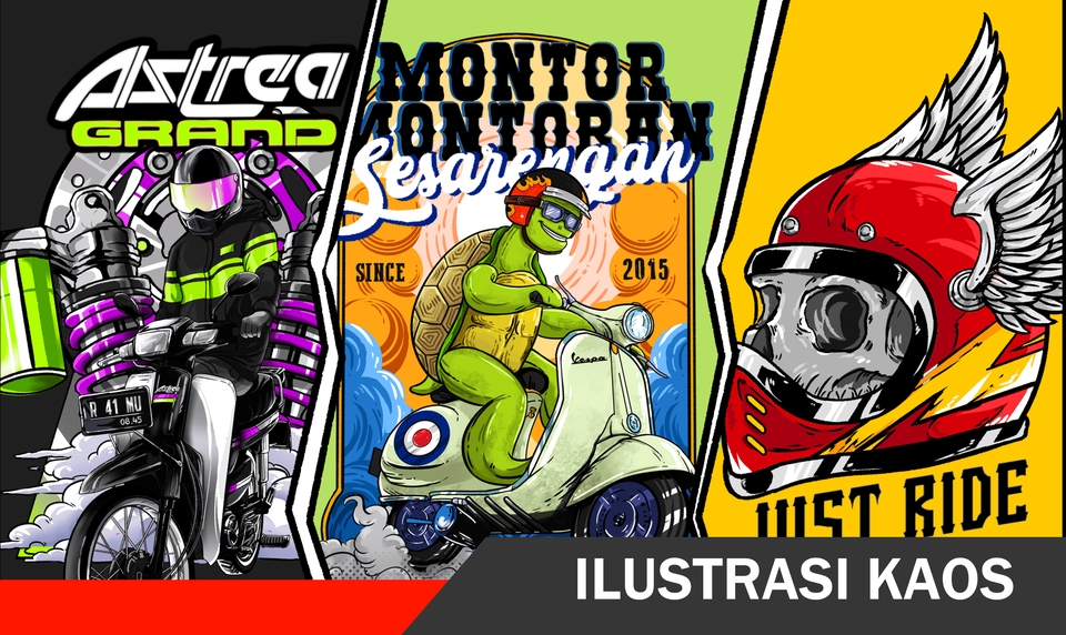 Jasa desain ilustrasi motor Astrea Grand, Monster, dan Vespa dengan ilustrasi hewan dan helm untuk keperluan kaos.