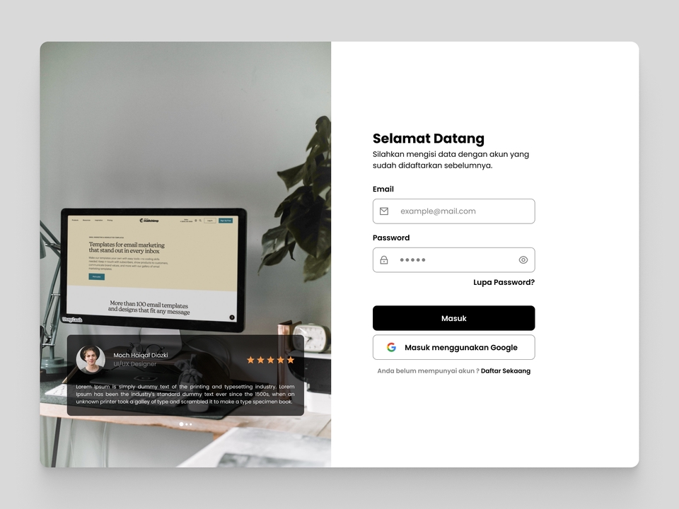Desain UI UX Halaman Login untuk Website dengan Fitur Login Google, Lupa Password, dan Rating Bintang.