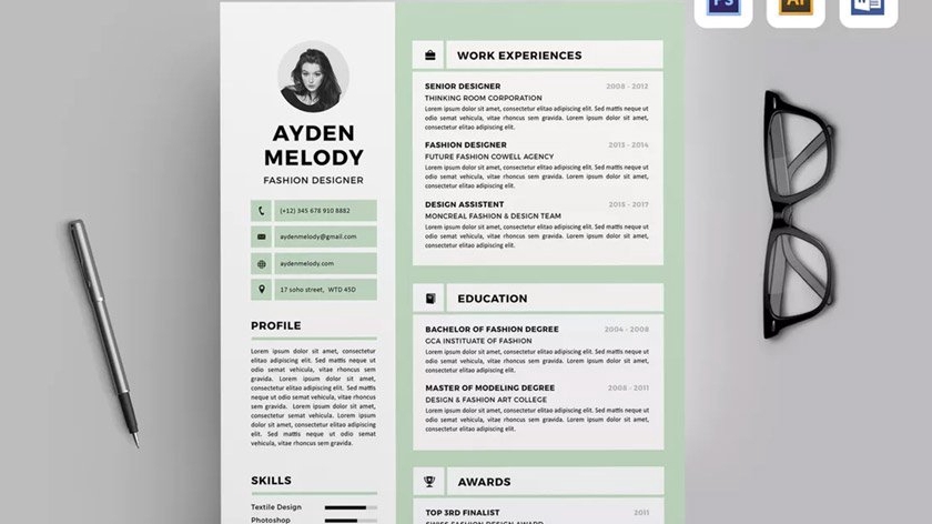 Desain CV profesional untuk desainer fashion dengan nama Ayden Melody, berisi pengalaman kerja, pendidikan, dan penghargaan.