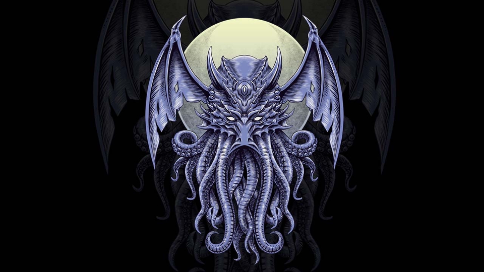Ilustrasi Cthulhu, makhluk mitos bertentakel, di latar belakang bulan