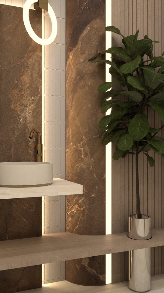 Desain Interior Kamar Mandi Minimalis dengan Nuansa Kayu dan Marmer - Jasa Desain Interior Rumah