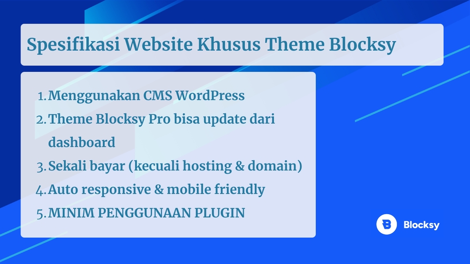 Jasa pembuatan website WordPress dengan tema Blocksy Pro, responsive, dan minimal plugin.