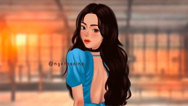 รับวาดรูปภาพประกอบ สไตล์การ์ตูน ผู้หญิงผมยาว ใส่ชุดสีฟ้า