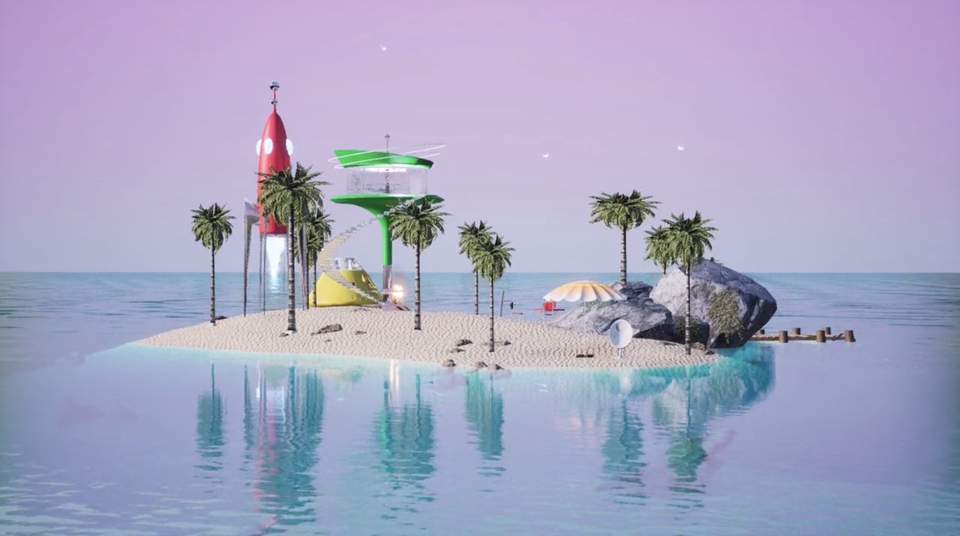 รับทำโมเดล3Dเกาะเขตร้อนสวยงามพร้อมจรวดและบ้านพักตากอากาศ