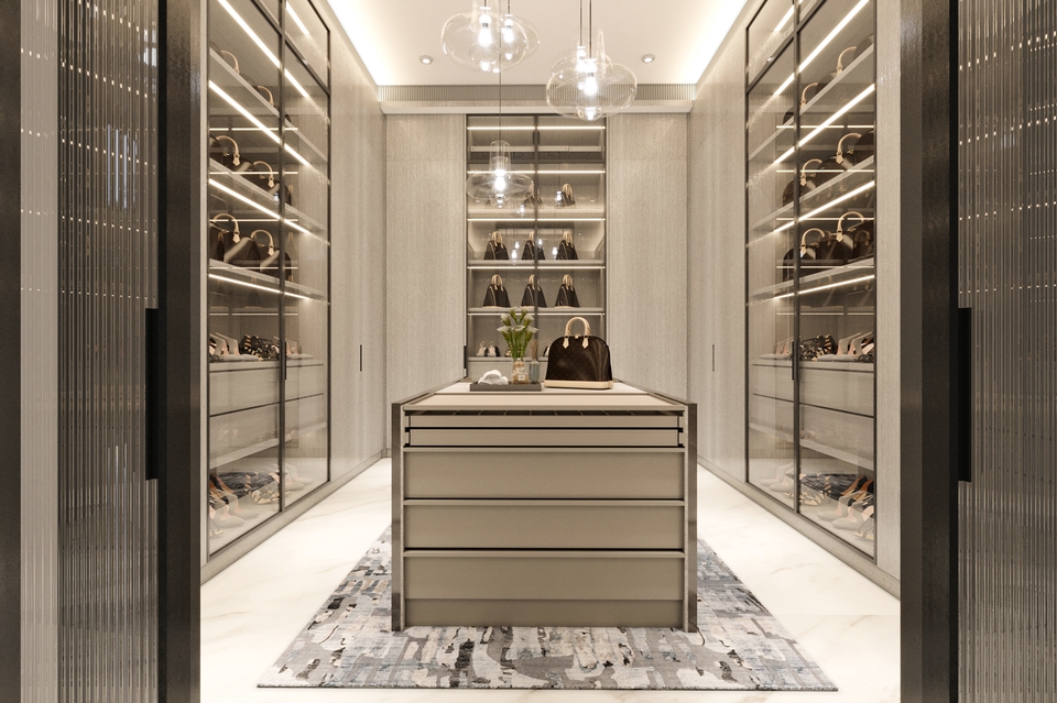 Jasa desain interior ruang walk in closet dengan desain minimalis dan modern.