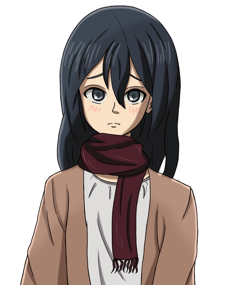 Desain karakter kartun anime wanita dengan rambut hitam dan memakai syal merah marun