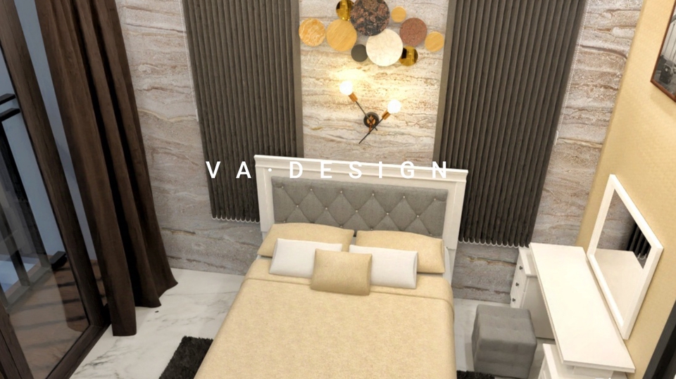 Desain kamar tidur minimalis modern dengan furniture kayu dan dekorasi dinding