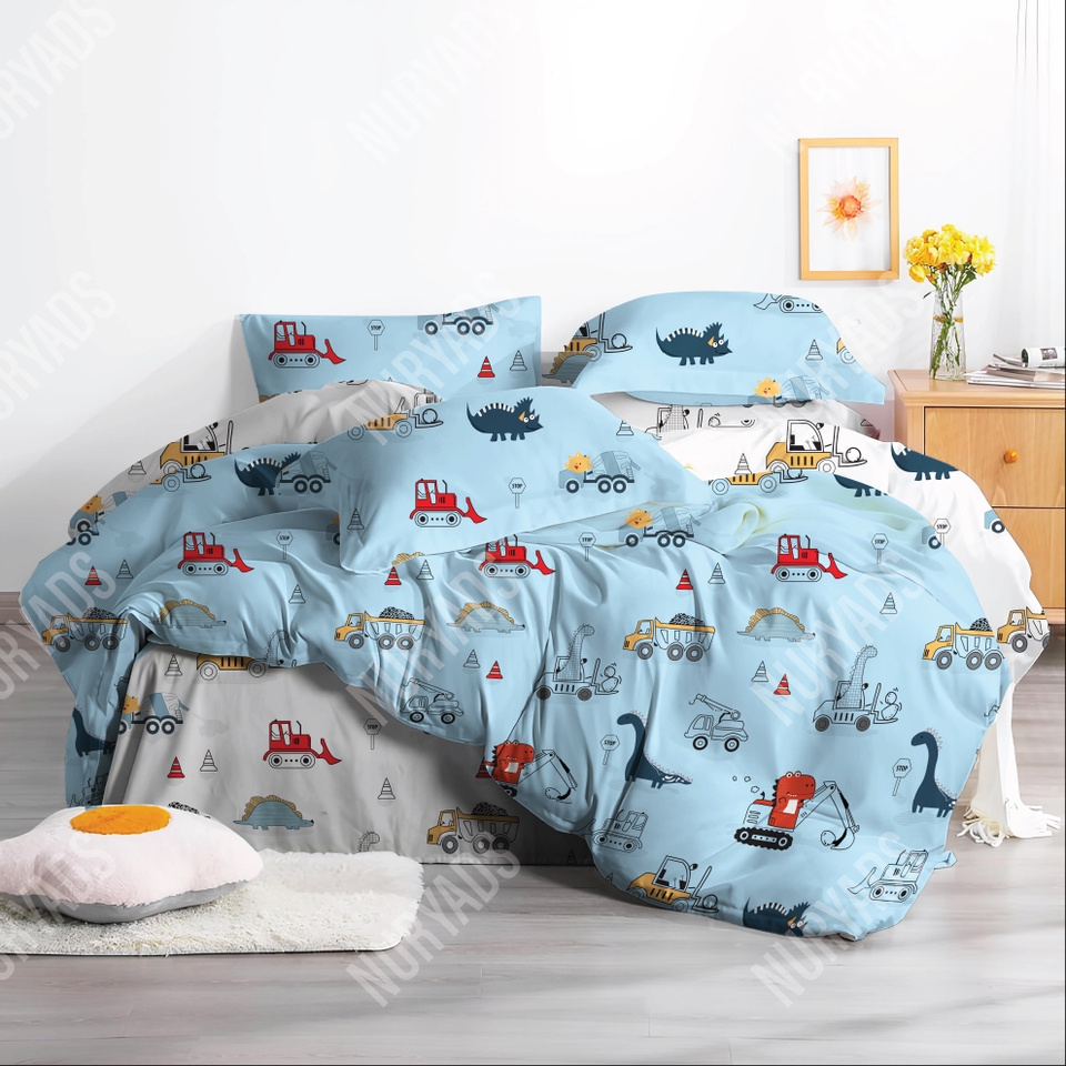 Desain kaos anak laki-laki dengan motif dinosaurus dan truk