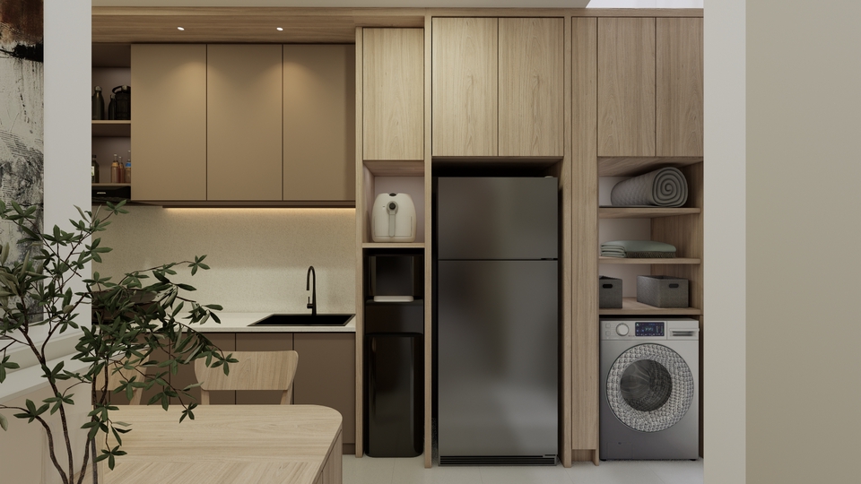 Desain interior dapur dan ruang laundry dengan gaya minimalis modern.