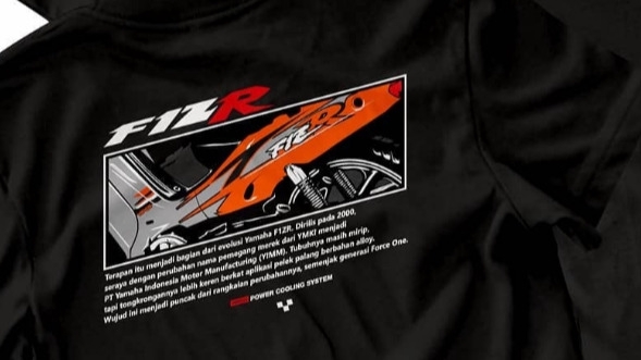 Ilustrasi motor Yamaha F1ZR dengan tulisan desain grafis dan desain logo di latar belakang hitam.