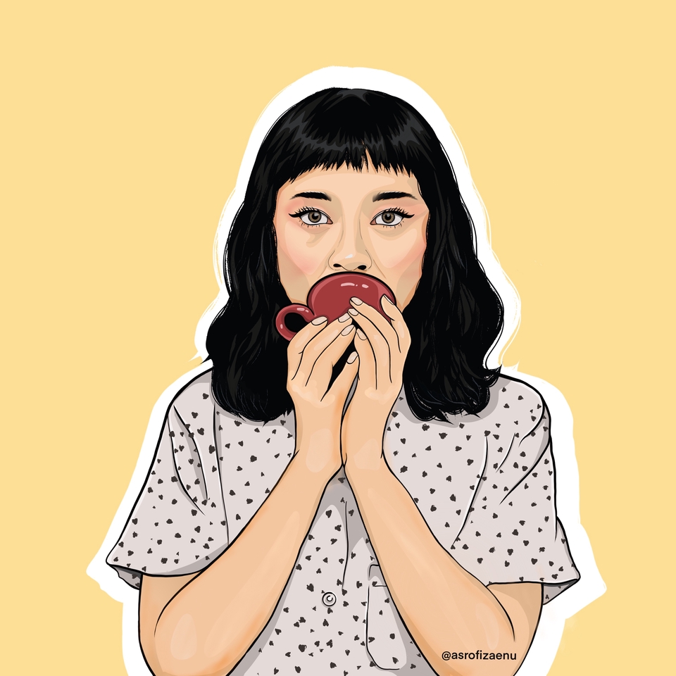 Jasa Lukis Wajah Hitam Putih Freelance, Karikatur Wanita Minum Kopi