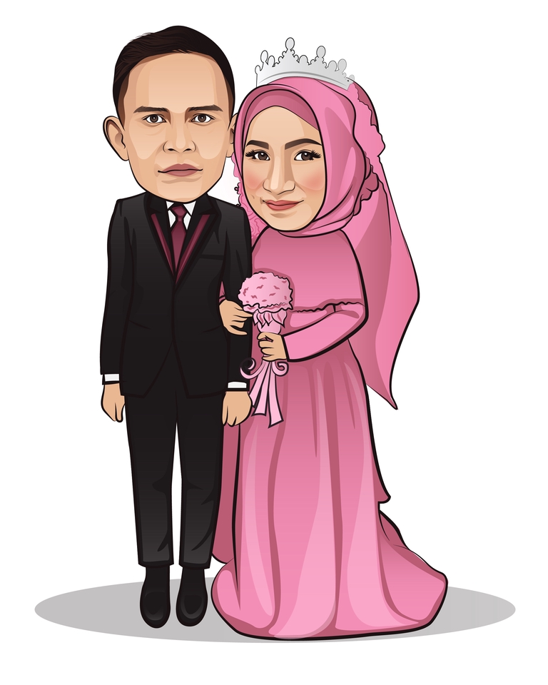 Jasa desain karakter kartun untuk pasangan pengantin pria dan wanita, desain karakter pengantin, desain karakter unik, desain karakter lucu, karakter kartun pernikahan, karakter vtuber pernikahan, karakter vtuber lucu.
