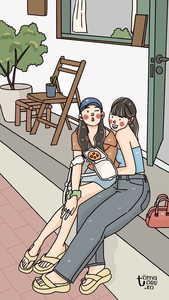 รับวาดรูปการ์ตูนสองสาวเพื่อนสนิทนั่งทานของว่าง ภาพวาดสไตล์มินิมอล น่ารัก รับวาดรูปการ์ตูน วาดการ์ตูน วาดรูปการ์ตูนน่ารัก วาดรูปการ์ตูนเหมือน