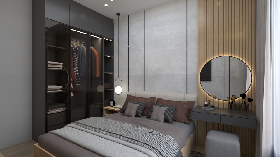 Desain interior kamar tidur minimalis dengan lemari dan meja rias, jasa desain interior rumah, desain kamar tidur modern, desain interior minimalis.