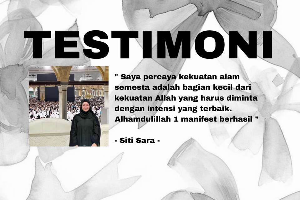 Testimoni layanan pengembangan diri dengan latar belakang Ka'bah dan seorang wanita tersenyum, jasa pengembangan diri, self development, self improvement, konsultasi karir, konsultasi cinta, konsultasi spiritual.