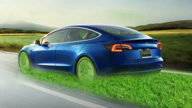 รับตัดต่อวีดีโอ รถยนต์ไฟฟ้าสีฟ้า ขับผ่านทุ่งหญ้า เหมาะสำหรับโปรโมตบริการตัดต่อวีดีโอ