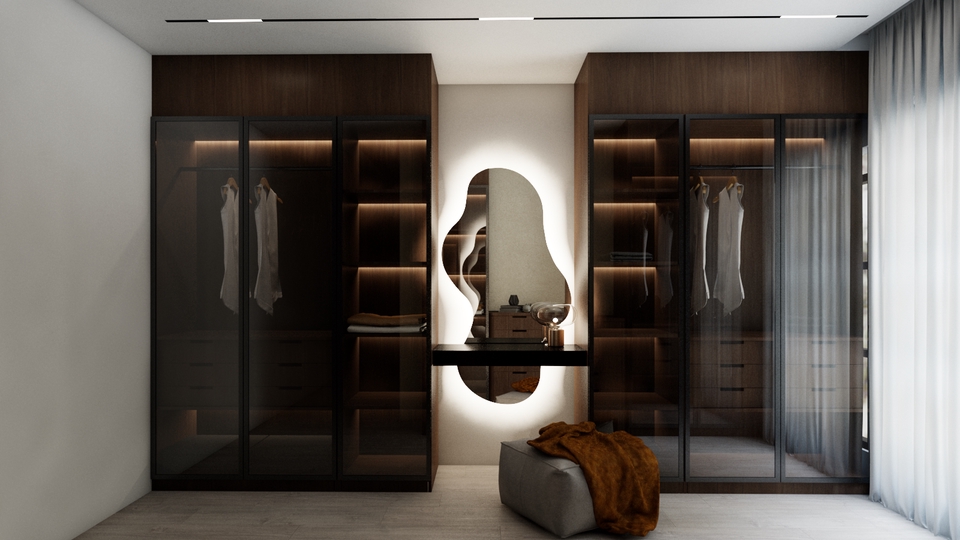 Jasa desain interior kamar tidur minimalis dengan lemari kaca dan meja rias desain 3d