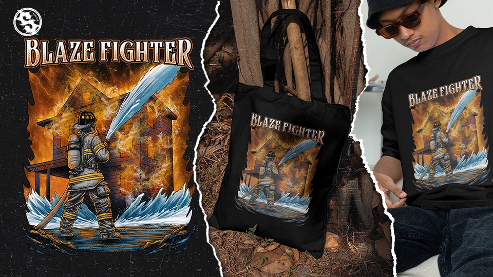 Ilustrasi desain tote bag dengan gambar ilustrasi api dan pemadam kebakaran dengan teks "Blaze Fighter" untuk jasa desain ilustrasi