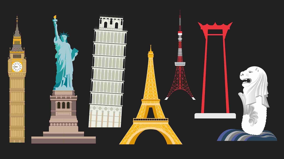 ภาพวาดเวกเตอร์ สถานที่สำคัญทั่วโลก vector illustration