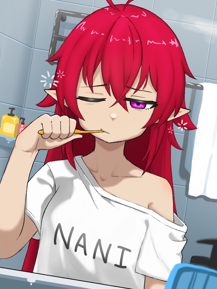 รับวาดรูปการ์ตูนอนิเมะน่ารัก สไตล์มินิมอล ผู้หญิงผมแดงกำลังแปรงฟัน