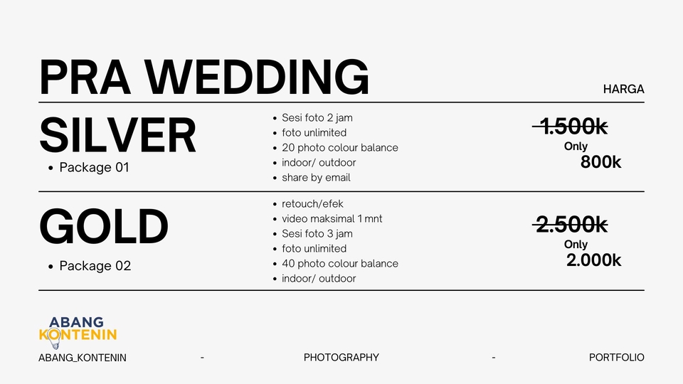 Paket Silver dan Gold untuk jasa fotografi pernikahan dengan harga mulai dari 800k - Pra Wedding