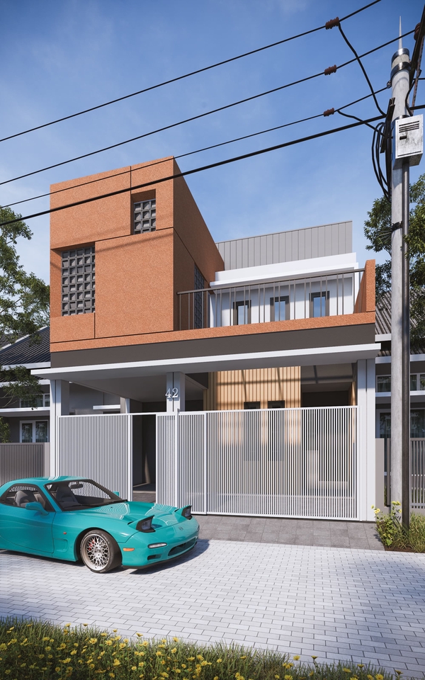 Jasa desain eksterior 3d untuk rumah minimalis modern dengan mobil di depan rumah