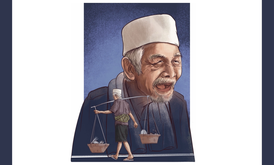 Jasa lukis wajah freelance, karikatur lucu pria tua berjenggot memakai topi.
