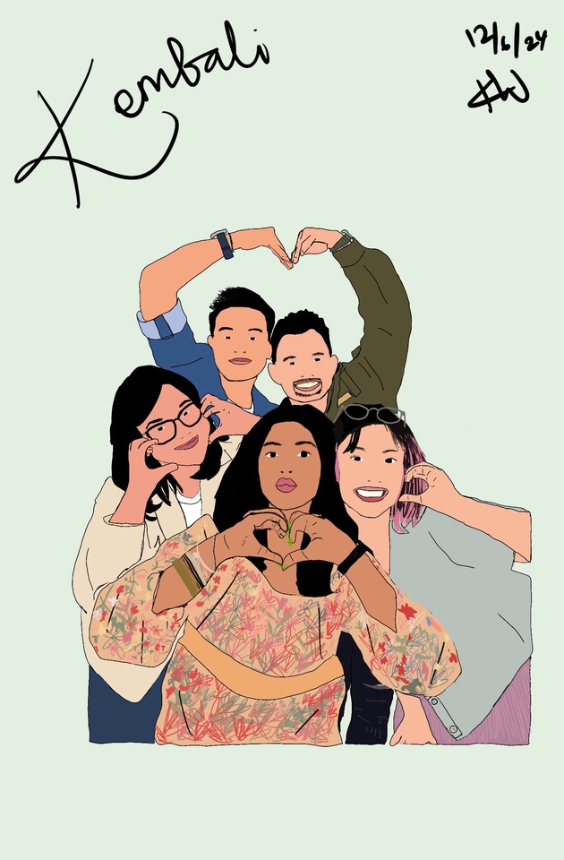 Jasa lukis wajah freelance, karikatur digital berwarna, ilustrasi potret 5 orang teman dengan background berwarna.