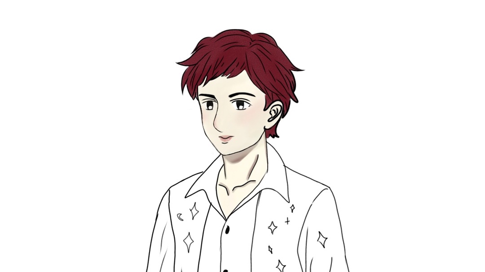 Ilustrasi pria dengan rambut merah, memakai baju putih dengan motif bintang, ilustrasi karakter, jasa desain ilustrasi, gambar ilustrasi karakter, jasa illustrator