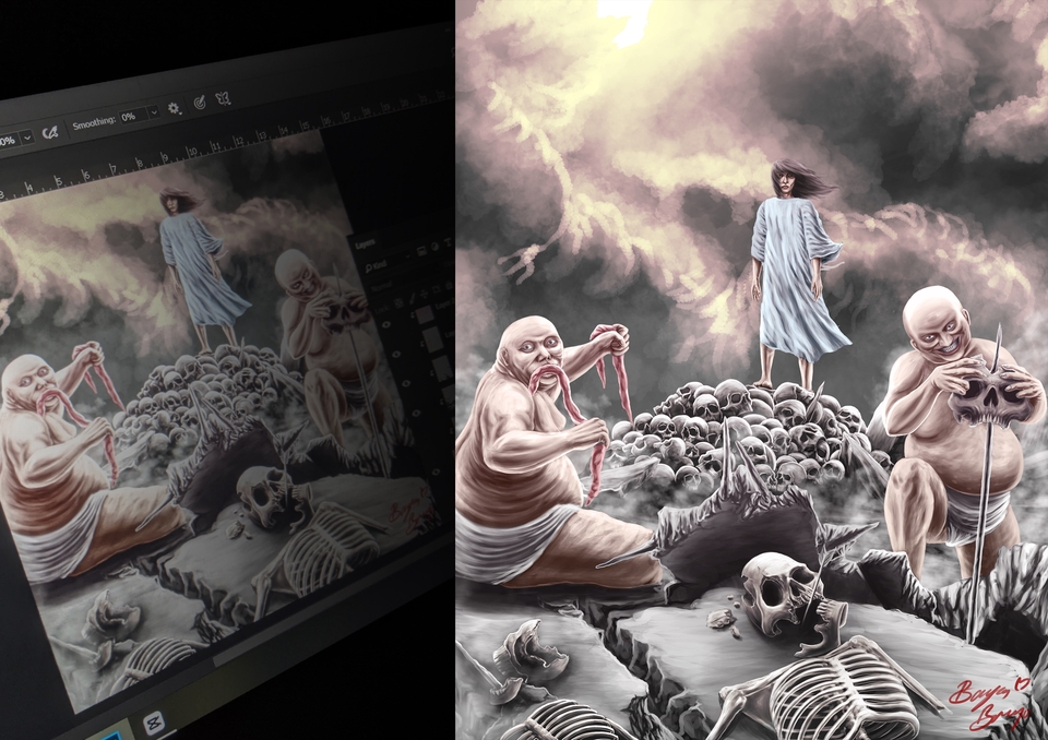 Ilustrasi digital seorang wanita dengan latar belakang ilustrasi langit dan pegunungan.