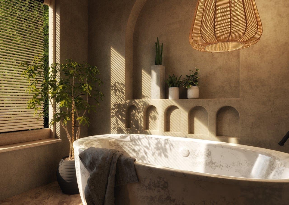 Jasa pembuatan animasi 3d untuk kamar mandi dengan tanaman hijau dan jendela besar